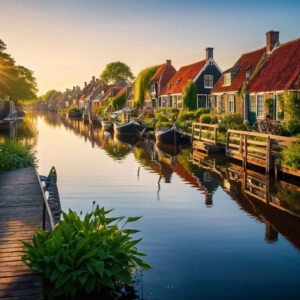 سياحة هولندا خيتهورن giethoorn-village-in-the-netherlands-captured-in-a-photo-during-golden-hour-traditional-dutch-house-404149356